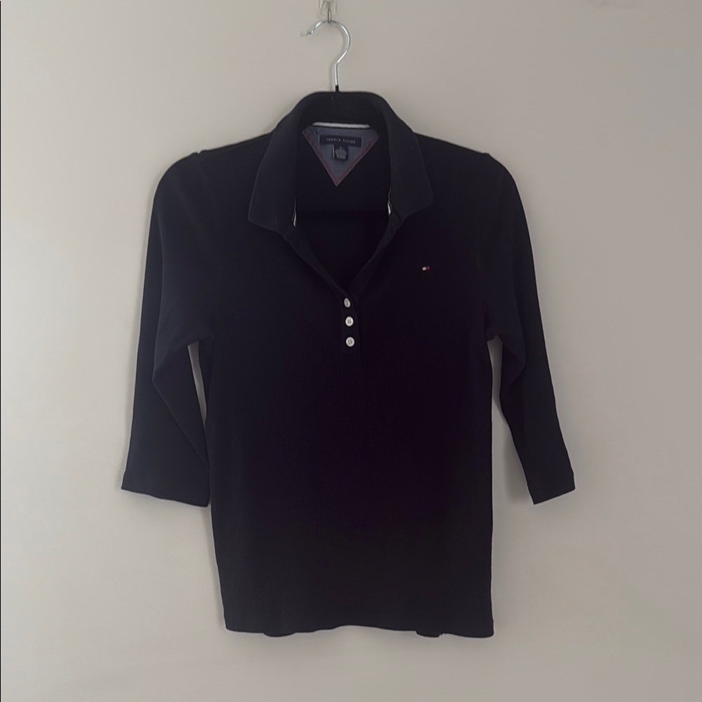 Tommy Hilfiger Navy Fitted 3/4 Sleeve Polo Button Down Shirt